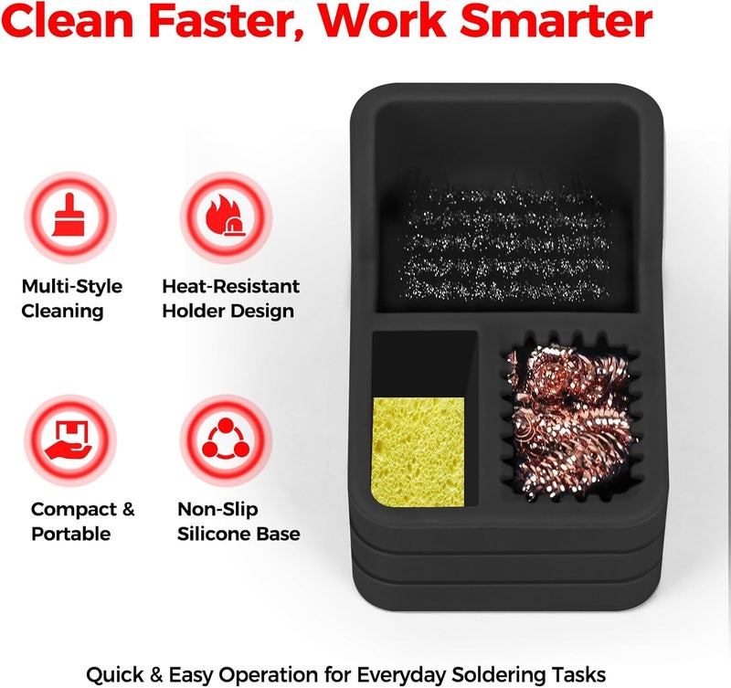 EOOKU Soldering Iron Tip Cleaner Kit with Brass Wool, Sponge,Steel Brush in Black Silicone Holder – Heat and Scratch Resistant Cleaning Tool for Soldering, Electronics Repair,DIY Projectst - Image 2